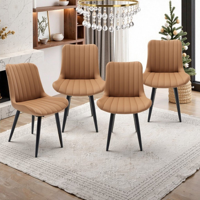 Ensemble de 4 chaises de salle à manger sans accoudoirs en cuir PU avec coussins épais et pieds en métal robustes, Brun