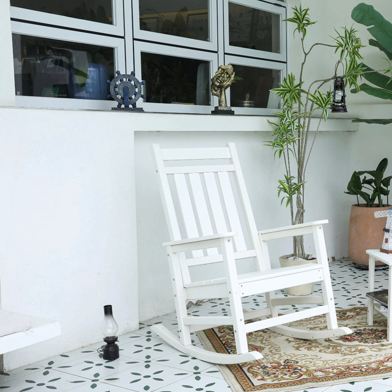 Oversized Rocking Chair With Wood-Texture, Outdoor Rocking Chair For Adults, All Weather Resistant Porch Rocker For Lawn Garden, White
