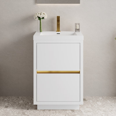 Meuble-lavabo simple autoportant 24 po de style moderne avec comptoir intégré en résine de pierre et lavabo, 2 tiroirs à fermeture en douceur