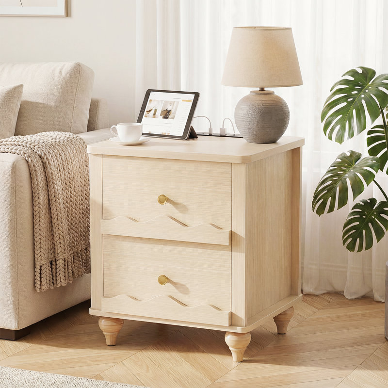  Scalloped Nightstand with Wooden Drawers and Charging Station, Nature