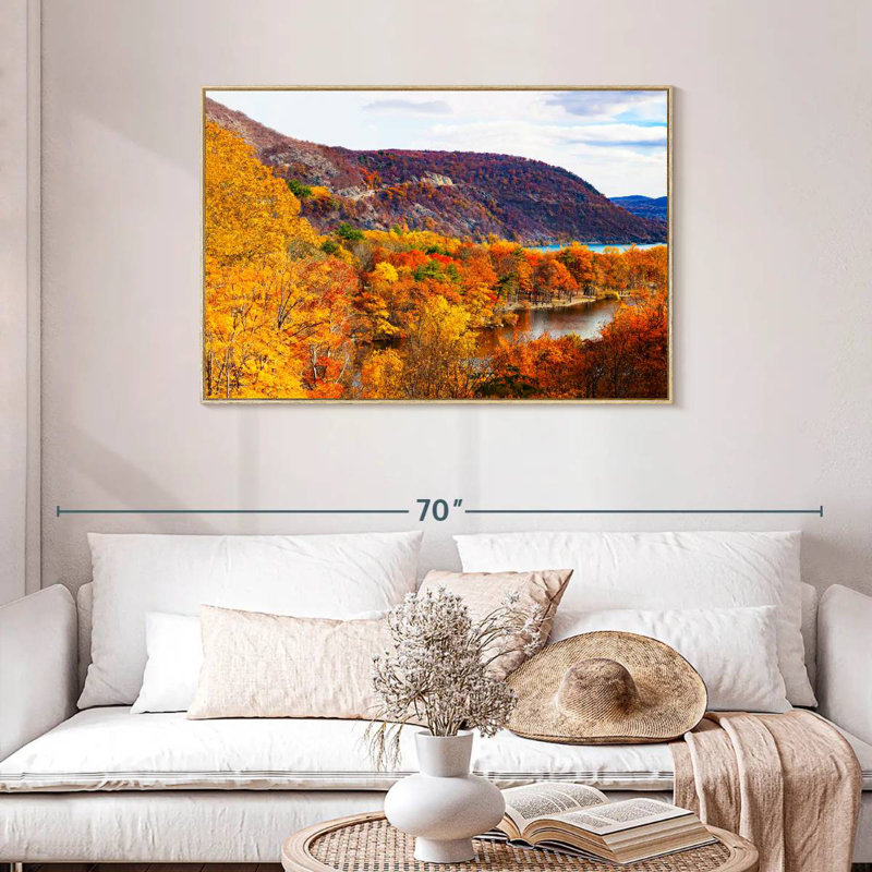 Paysage d'automne avec ours, Cadre flottant en bois naturel, 43 po x 29 po