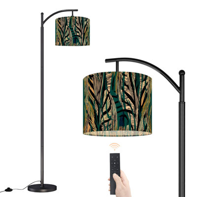 Leopard Print Arc Floor Lamp with Adjustable Lampshade Abstract Tropical Leaf Teal Black Beige Organic Standing Lamp 3 Colour Temperatures Dimmable Tall Pole Lamp with Foot Switch for Bedroom