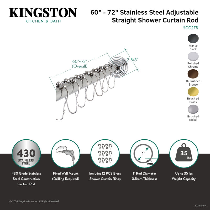 Brushed Brass Adjustable Tension Shower Rod with Rings
