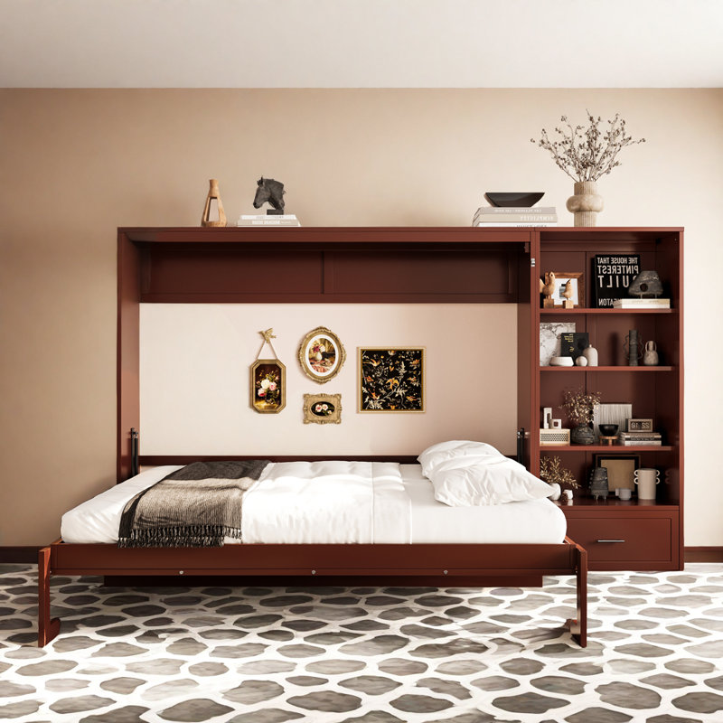 Lit escamotable convertible moderne avec rangement dissimulé pour les petits espaces, Brun