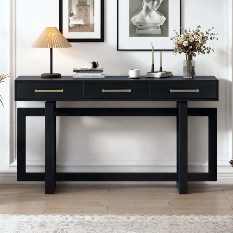 Elegant Extra Long Console Table with 3 Drawers, Modern Entryway Sofa Table for Hallway Living Room Foyer Corridor, Black