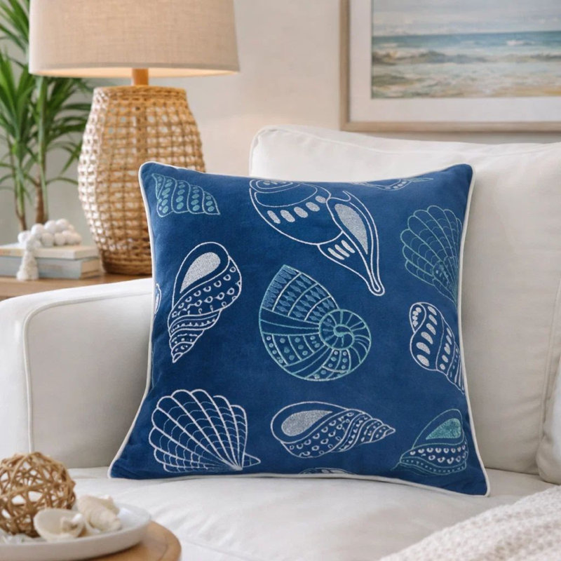 Housse de coussin Coastal Shell Design, velours indigo, carré 20 pouces