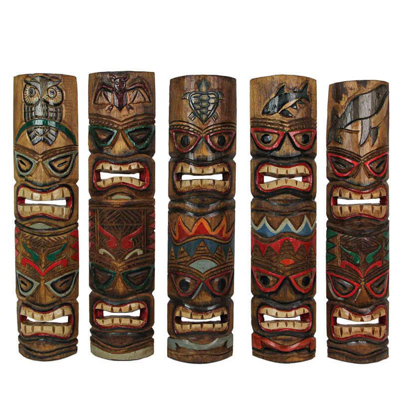 Tropical hand-carved painted wood double-face tiki animal totem wall sculptures, set of 5 — natural brown, 5.5" W x 2.25" D x 23.5" H