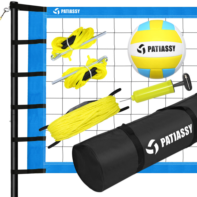 32ft Outdoor Portable Volleyball Net Set System - Quick & Easy Setup Adjustable Height Steel Poles, Blue