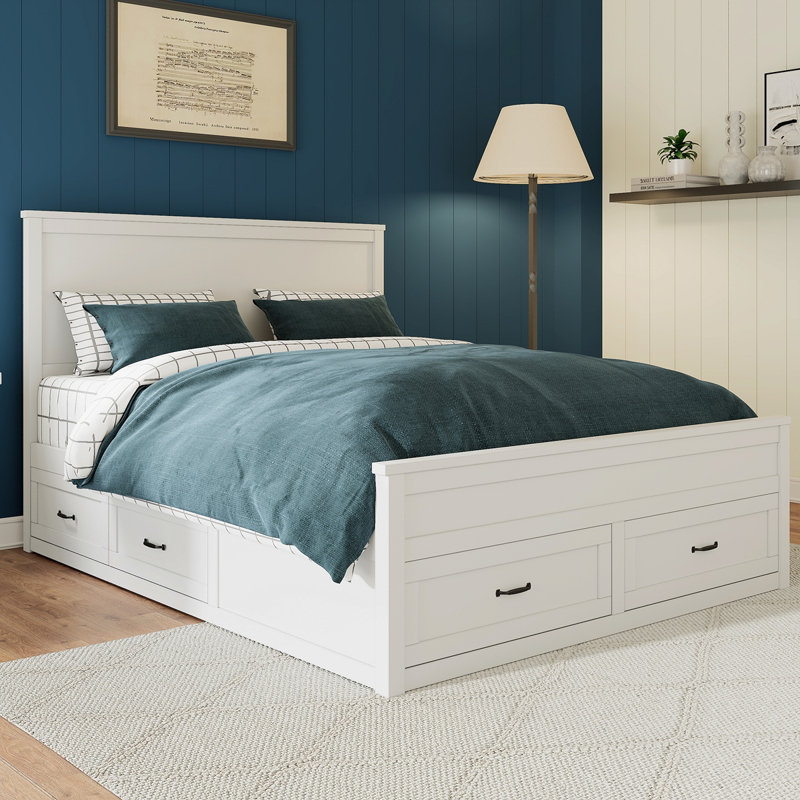 Structure de lit moderne avec 6 tiroirs, lit plateforme avec support à lattes en bois, sans sommier tapissier, blanc, Blanc