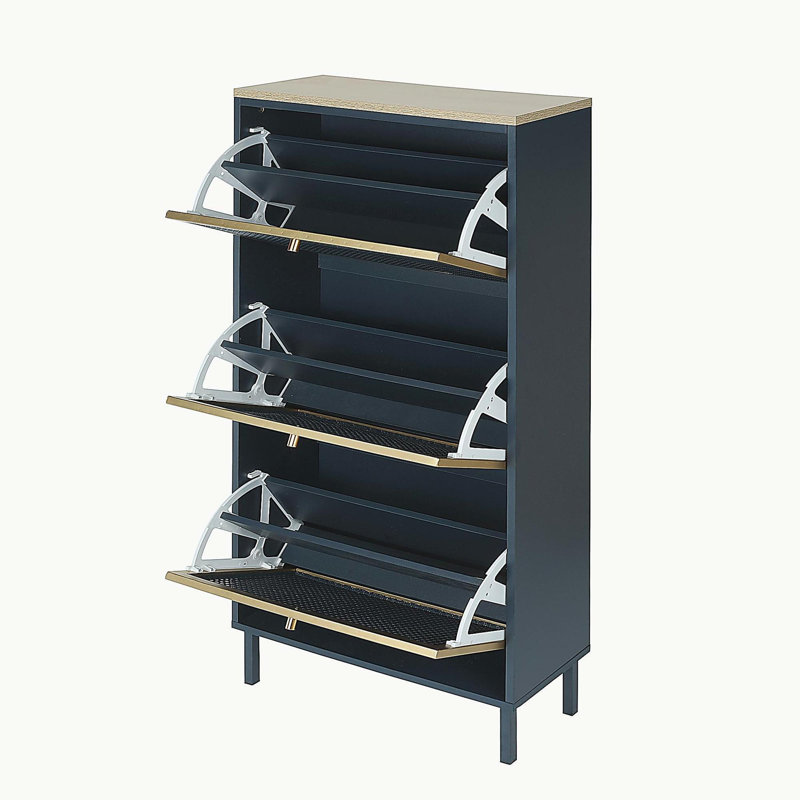 Modern Freestanding Metal Rattan Shoe Rack with 3 Doors for Entryway, Blue/Gray
