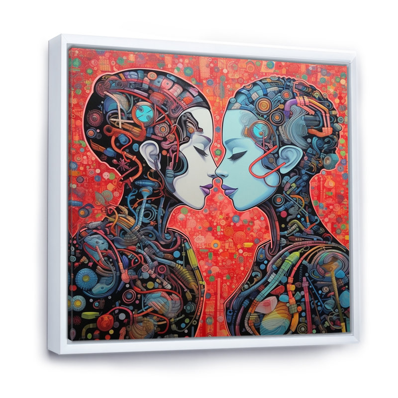 Charmant Robots célébrant l'amour rétro - reproduction sur toile, H 24 po x l 24 po x P 1 po, Cadre flottant blanc