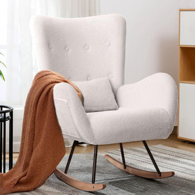 Kahmar Teddy Fabric Nursery Rocking Chair with Side Pocket, High Backrest Indoor Accent Chair