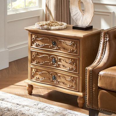 Arelys 26"W Carved Fronts 3-Drawer Traditional End Table with Charge Station USB Ports