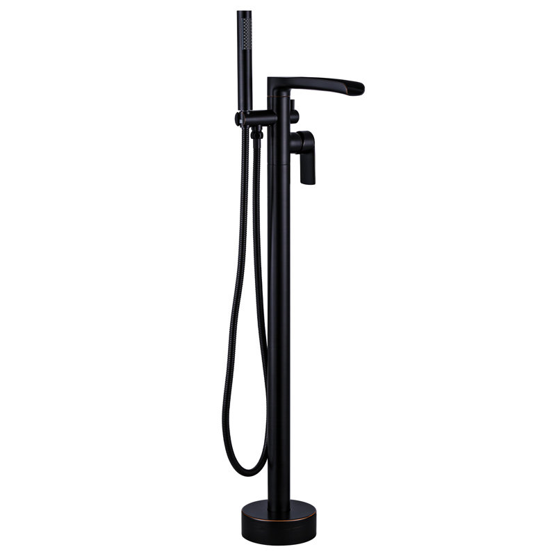 Single-Handle Floor-Mounted Tub Filler With Waterfall Spout And Hand Shower, Oil Rubbed Bronze
