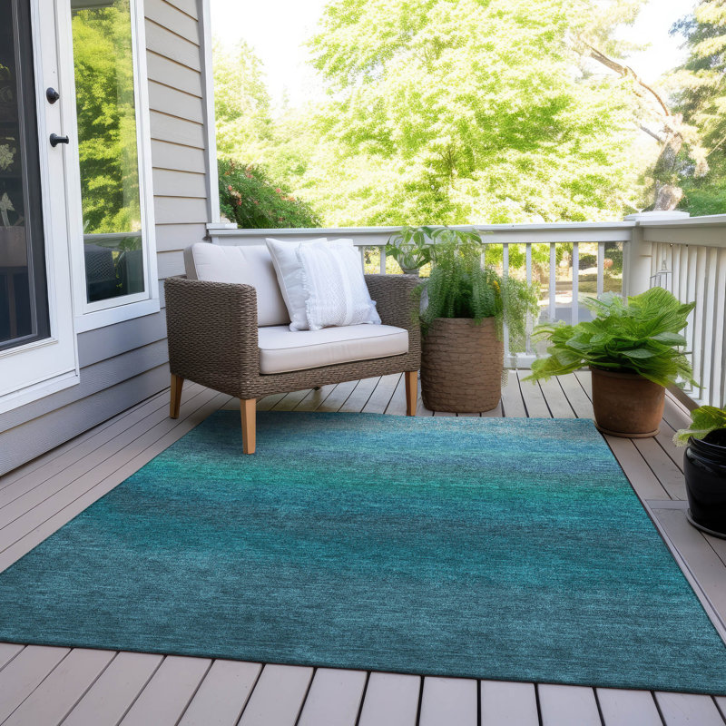 Tapis bleu sarcelle lavable à la machine intérieur / extérieur Xhevrie, Rectangle 10 pi x 14 pi