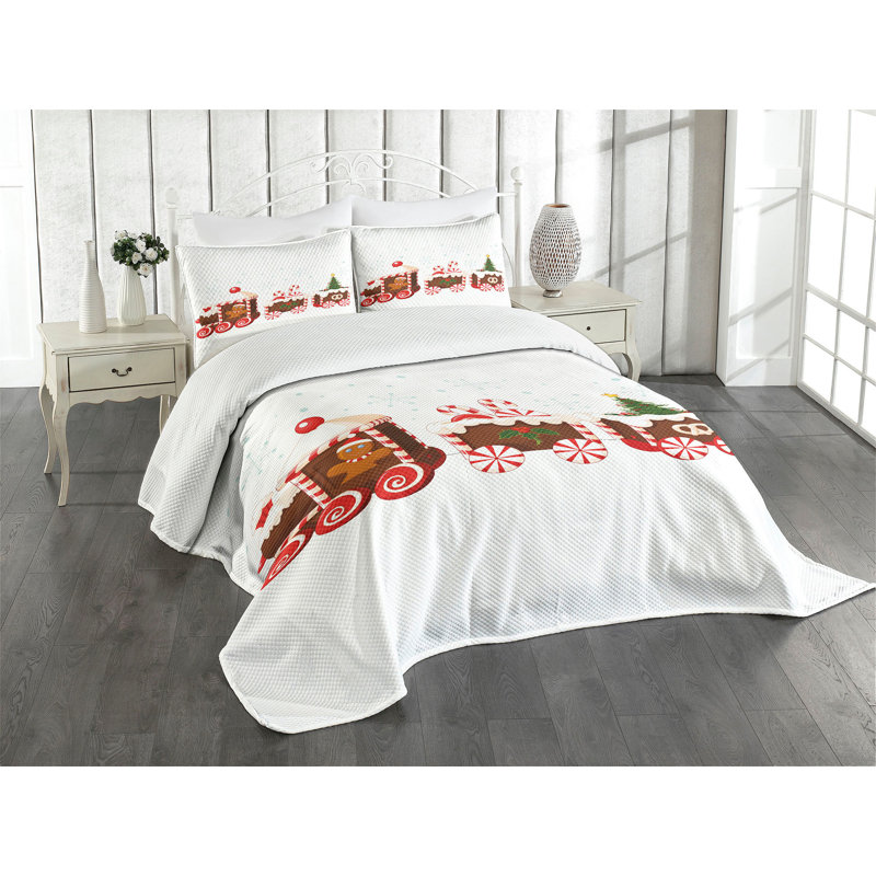 Ambesonne Christmas Bedspread Set Gingerbread Train White Brown Vermilion, King Coverlet / Bedspread + 2 Standard Shams