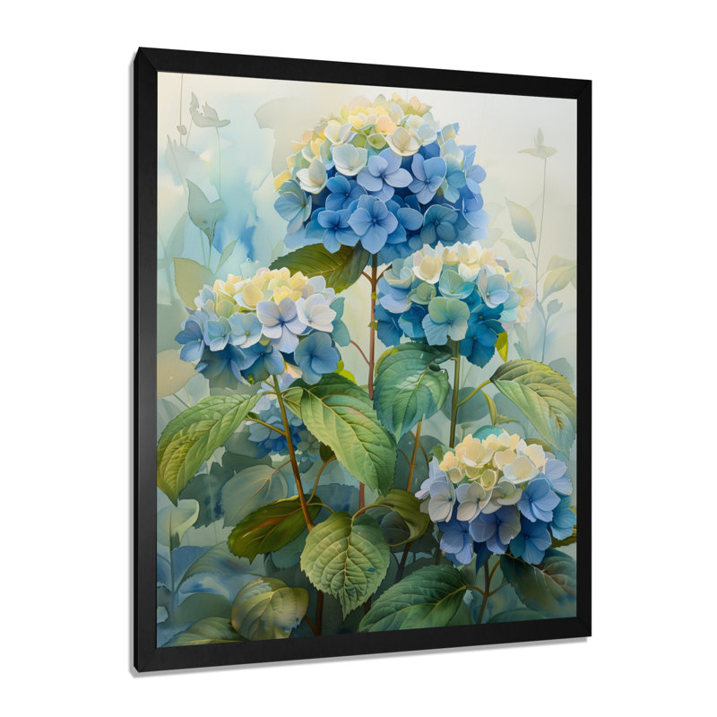 Bleu et vert jardin fleuri hortensia II - hortensia art mural, Cadre simple noir, H 24 po x l 32 po