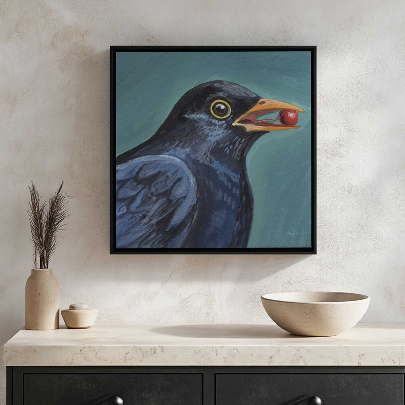 «Black Bird With A Berry» par Kate Jarvik Birch, reproduction d'art, H 21,5 po x l 21,5 po, White, Framed Canvas