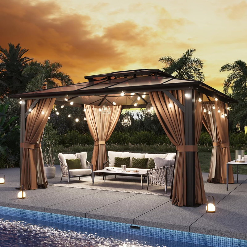 Pavillon de jardin rigide de 12 pi x 14 pi avec double toit en polycarbonate, pavillon permanent à cadre en aluminium avec filet et rideaux pour patio, pelouse et jardin (kaki)