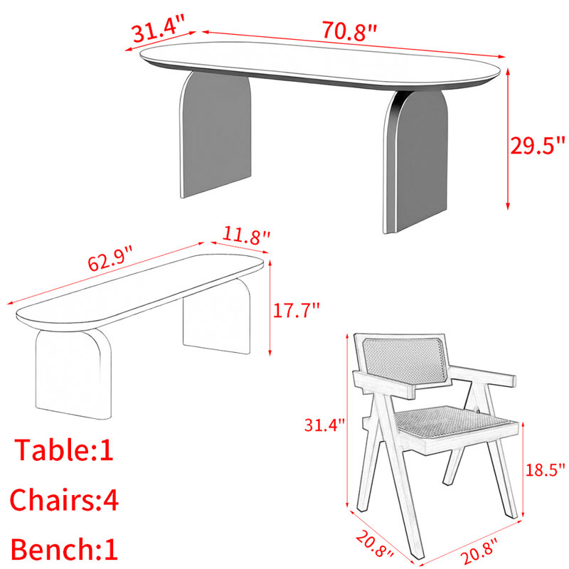 Ensemble de table de salle à manger en bois massif noir., H 29,5 po x L 70,8 po x l 31,4 po