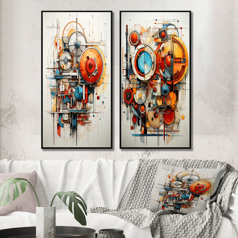 " Constructivism Dynamic Assemblage Geometric " 2 - Pieces, Black Framed, 20" H x 24" W