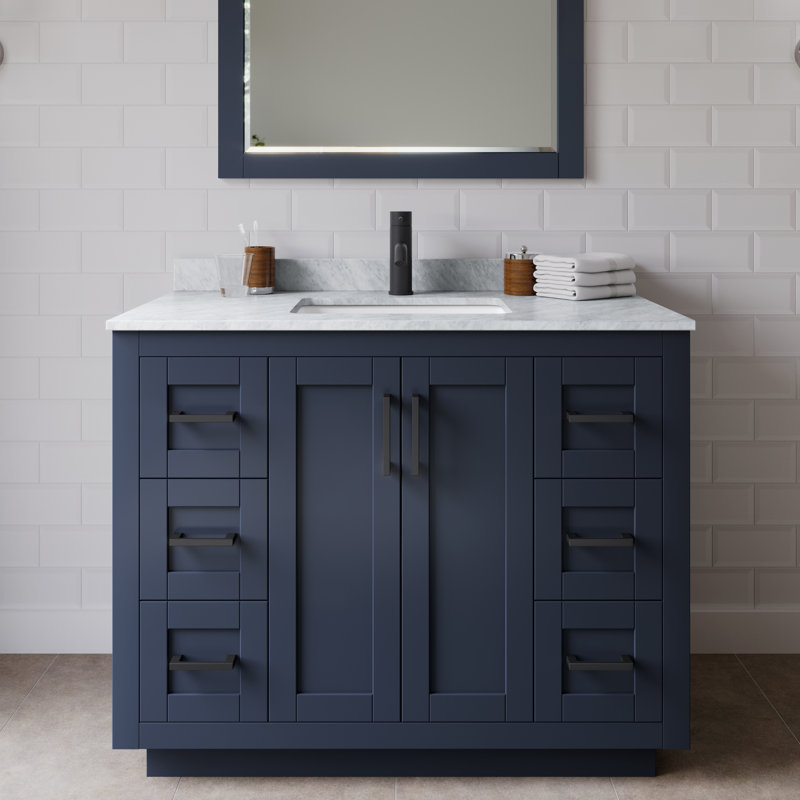 Meuble-lavabo simple autoportant 42 po avec plateau en marbre Miranda, Noir mat, Bleu foncé