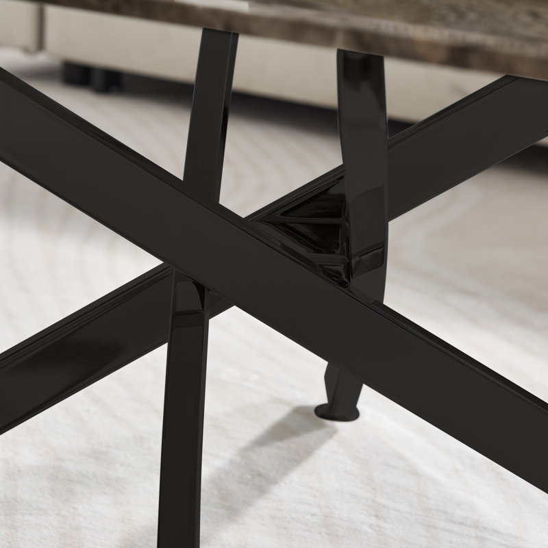 Atal Marble Effect Coffee Table - Glass Topped Metal Leg Centre Table, Black, Grey