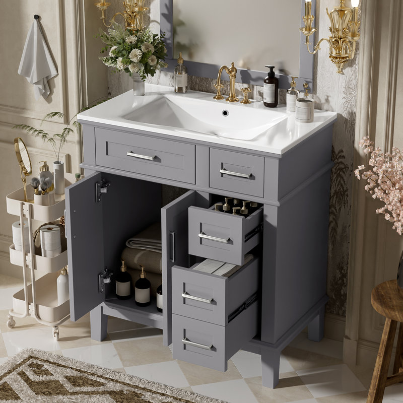 Meuble-lavabo moderne de 30 po avec lavabo en céramique - Armoire de rangement moderne avec portes à fermeture douce, tiroir profond et tiroir standard