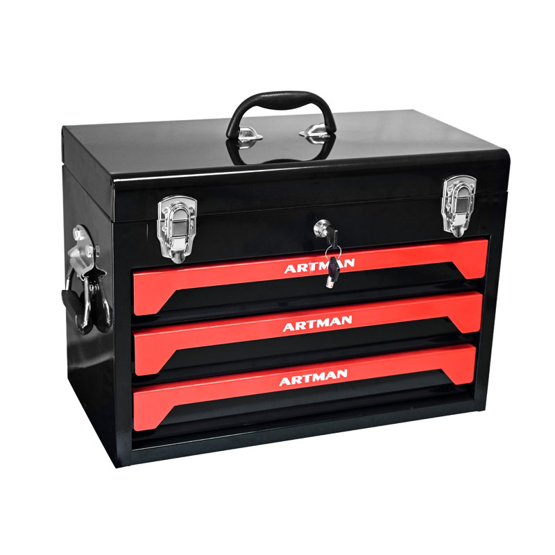 Boîte à outils 20 po à 3 tiroirs avec loquet en métal - Organisateur de rangement pour outils robuste, noir et rouge