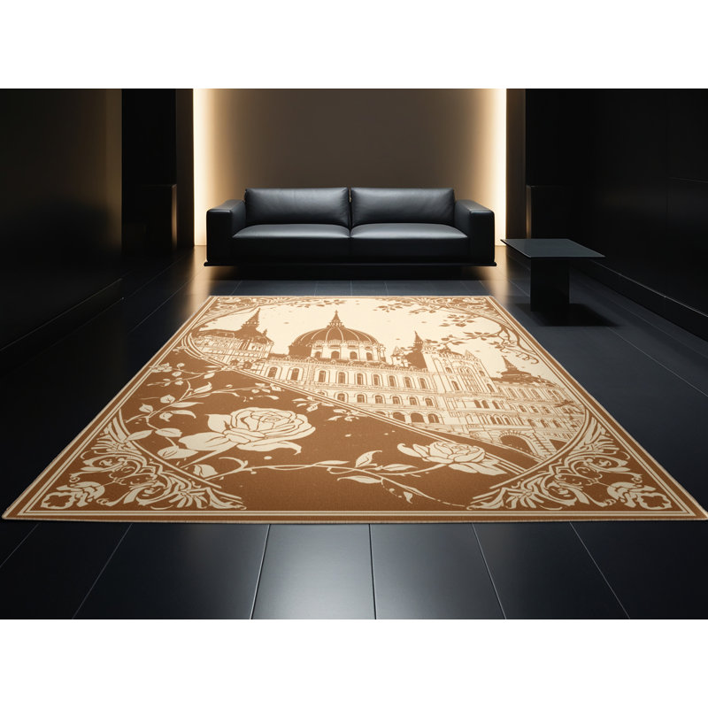 Machine Washable Pandelica Budapest Parliament Building Classic Floral Rug in Beige – Beige Binding, 8x12