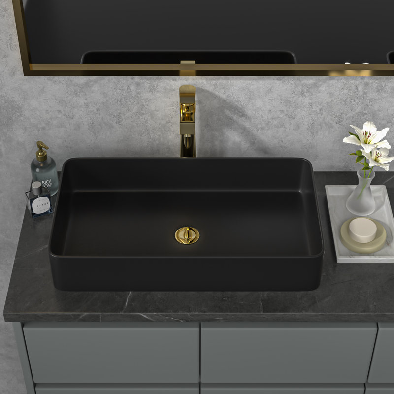 Lavabo de salle de bain vasque rectangulaire en céramique L 24 po x l 14 po, Noir, noir, noir, noir