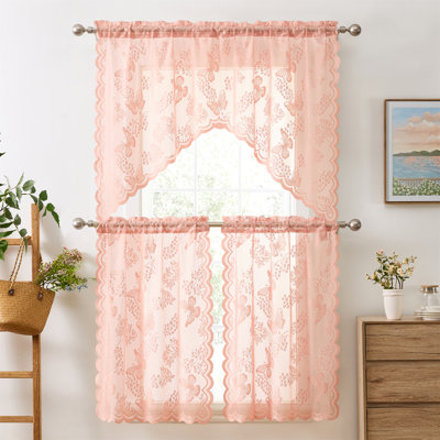 August Grove® Denyelle Floral Lace - Sheer 3 Piece Kitchen Curtains Set, Light Filtering Transparent Window Swag Valance + 36 inch Tiers Set
