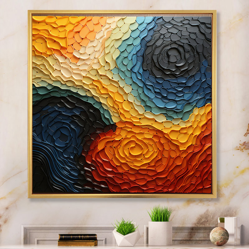 «Teal Orange» Op Art Rhythmic Illusion I, H 16 po x l 16 po x P 1 po, Cadre flottant doré
