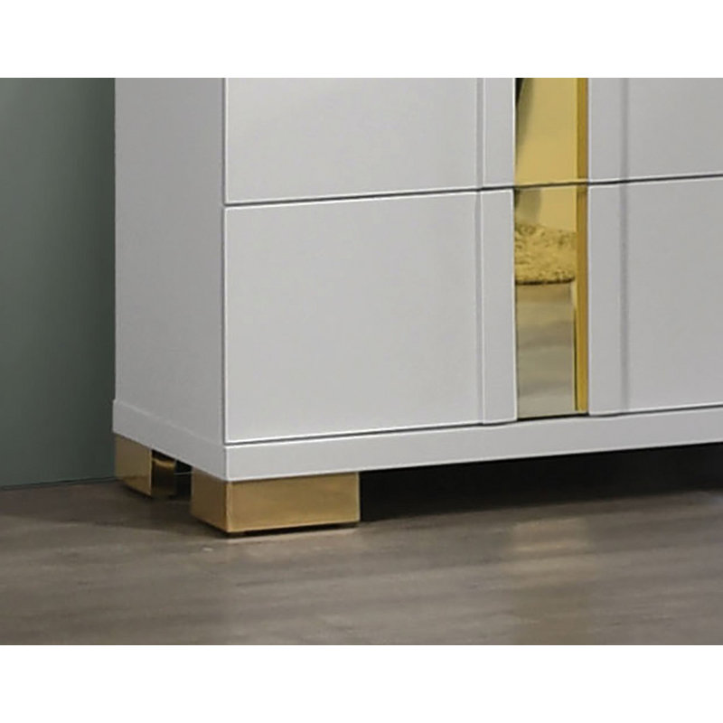 Commode 1 pièce de style contemporain avec pattes de support en métal de conception moderne, étui anti-poussière doré, glissières à roulement à billes, finition blanche et dorée