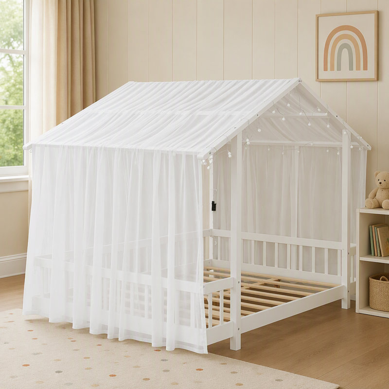 Lit plateforme double avec baldaquin en tissu transparent et guirlandes lumineuses, Full / Double, White