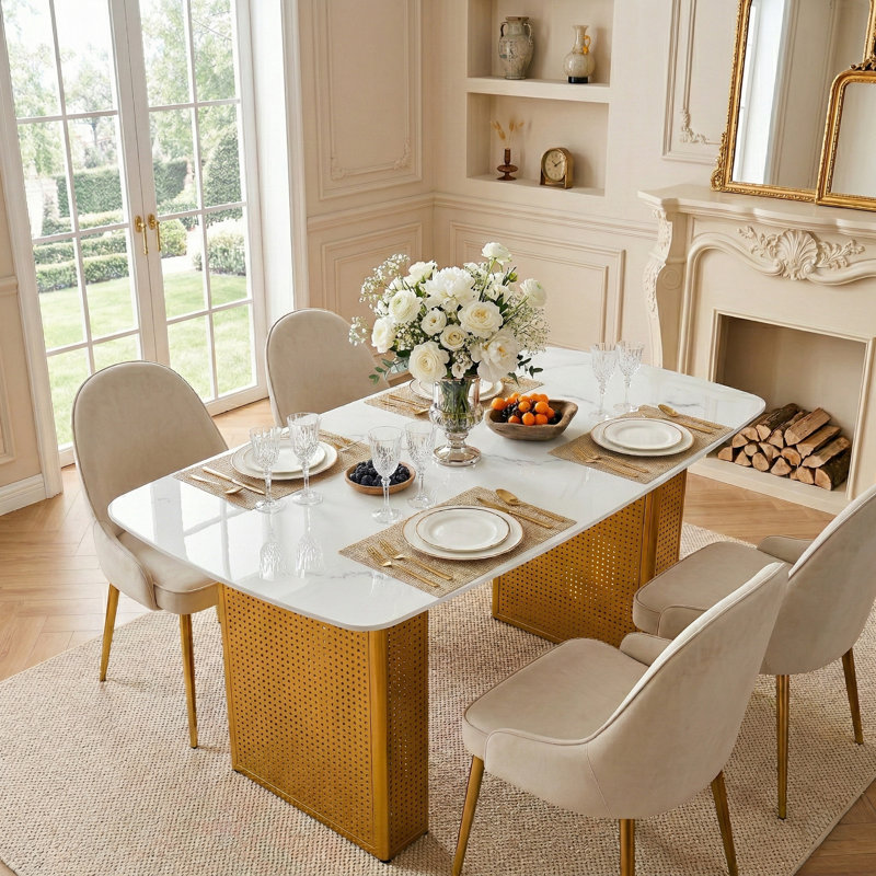 Table de salle à manger rectangulaire moderne en verre trempé avec motif en marbre et base en métal doré pour bureau à domicile et salle à manger