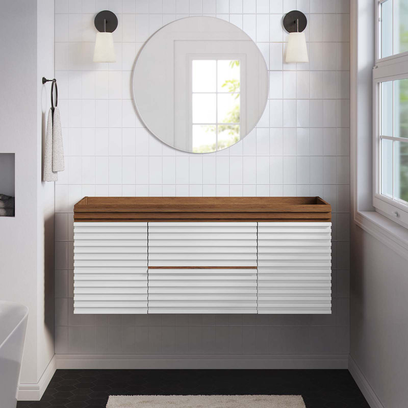 Render 48" White and Walnut Wall-Mount Bathroom Vanity Cabinet