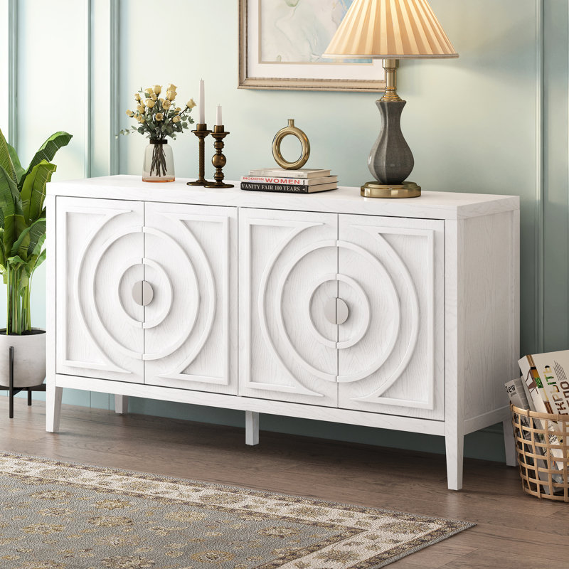 Buffet blanc multifonctionnel en bois massif pour un rangement stable dans différentes pièces. Buffet rétro avec beaucoup de rangement pour garder votre maison organisée et bien rangée.