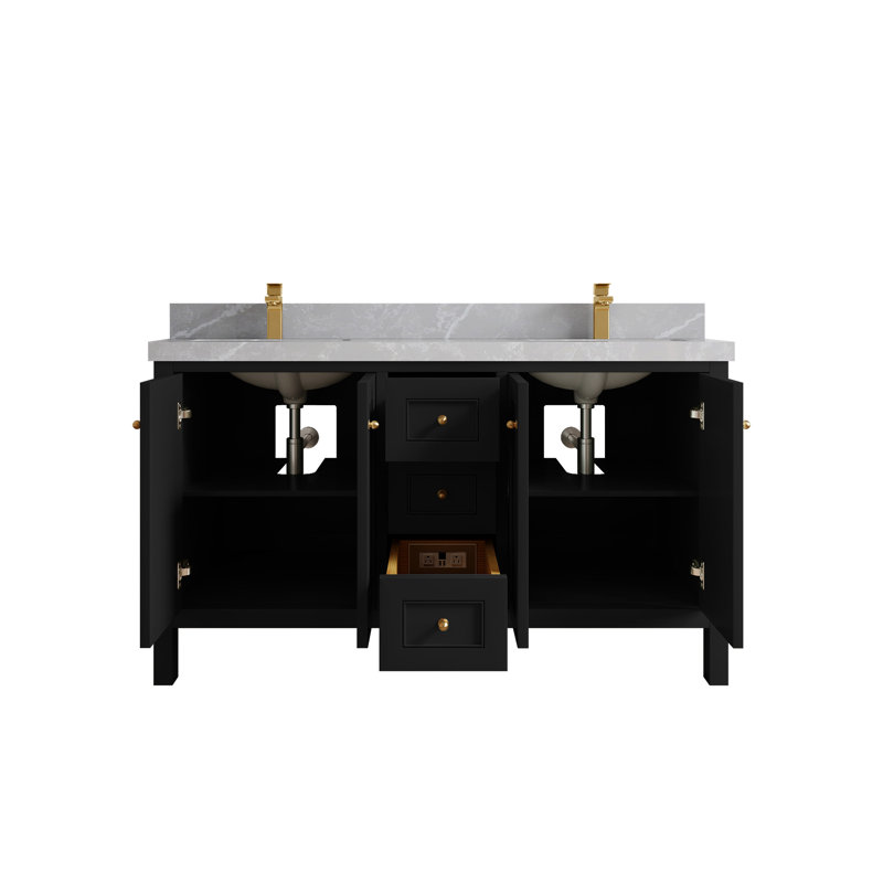 Nashville X P 22 po D Meuble-lavabo double avec 2 po Quartz, Noir, Gris perle