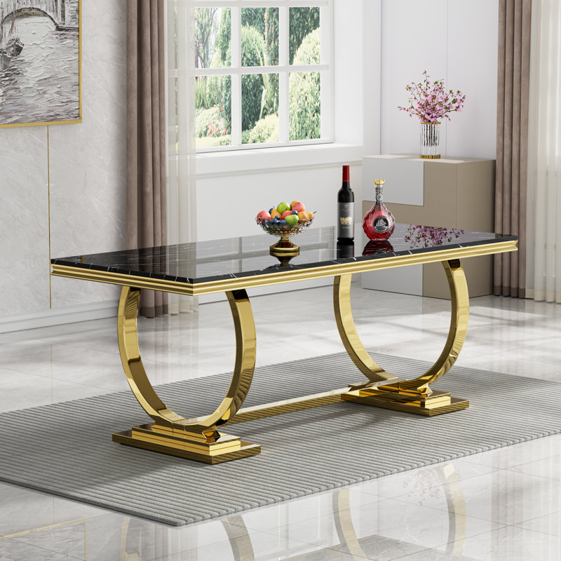 68" Marble Dining Table, Luxurious Marble Table Dining with Printed Faux Marble Tabletop and O-Shape Stainless Steel Pedestal, Modern Kitchen Dining Room Table for 8