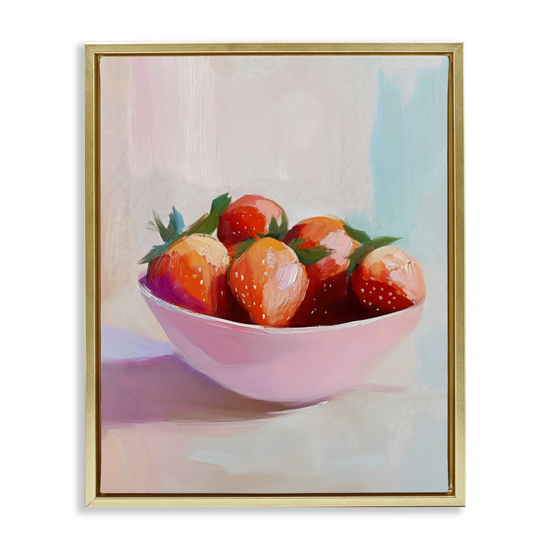 Cadre flottant pastel bol de fraises, design par The Prints Vibe, 31 x 25, Cadre flottant métallique doré