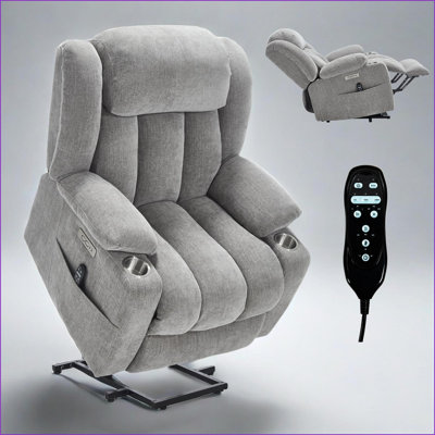Fauteuil inclinable électrique inclinable avec massage en 8 points Chaleur lombaire, revêtement en chenille d'une capacité de 350 lb, ports USB / Type-C, porte-gobelets en acier inoxydable | Gris clair