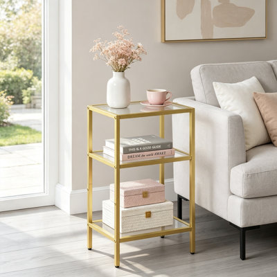 Glass Side Table 3 Tier Tempered Glass End Table, Nightstand with Open Shelves for Living Room Bedroom