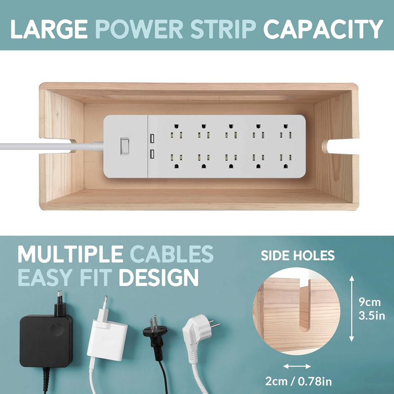 Wood Cable Management Box  Set Of Two  Large   Medium Cord Organizer Box Set To Hide Wires   Power Strips   Cable Storage Box   TV, Desk, Computer, Router Cord Organization White