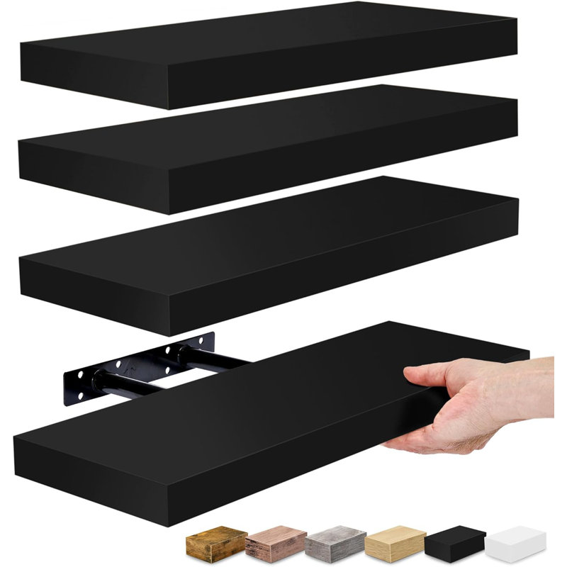 Floating Shelves with Invisible Mounting Set of 4, Black, 1.5" H x 16.25" W x 5.5" D