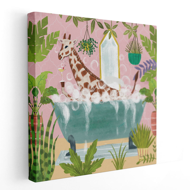 Girafe dans une baignoire - reproduction d'art sur toile, H 12 po x l 12 po