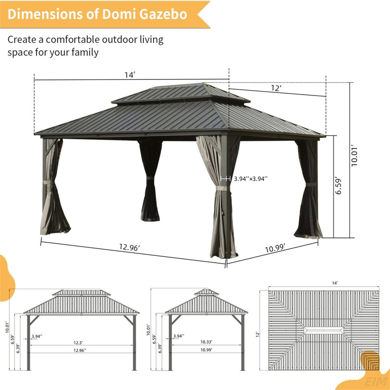 Hardtop Gazebo, Aluminum Metal Gazebo With Galvanized Steel Double Roof Canopy, Curtain And Netting, Permanent Gazebo Pavilion(Canopy)