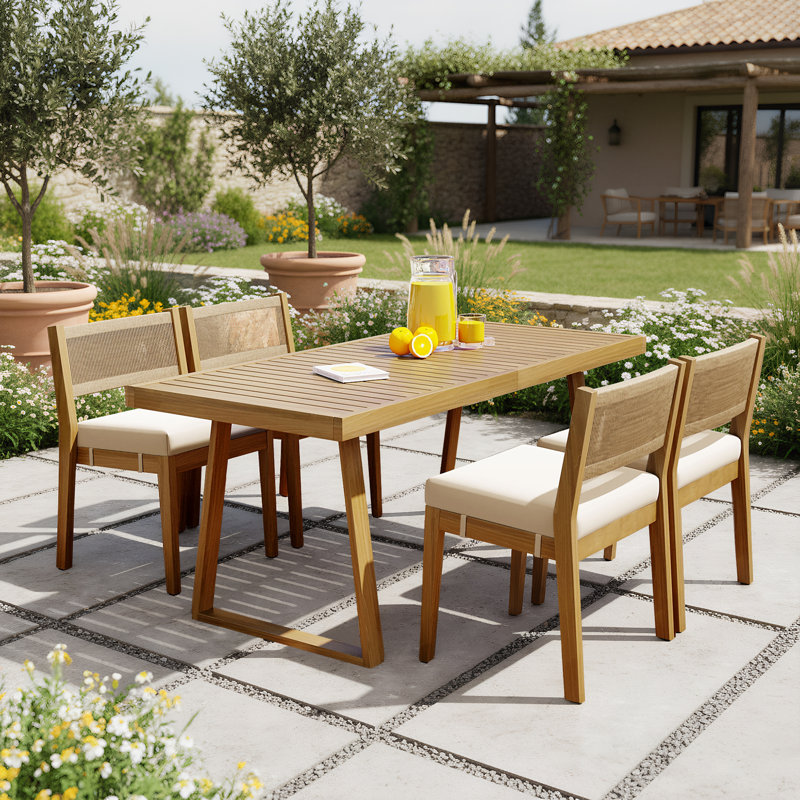 Ensemble repas pour 4 personnes avec table rectangulaire en bois d'acacia, Beige