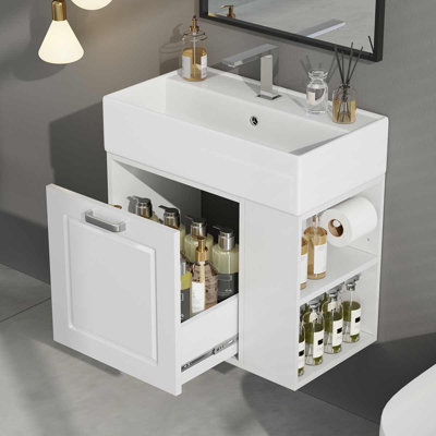 Meuble-lavabo mural flottant avec lavabo en céramique, tablette réglable