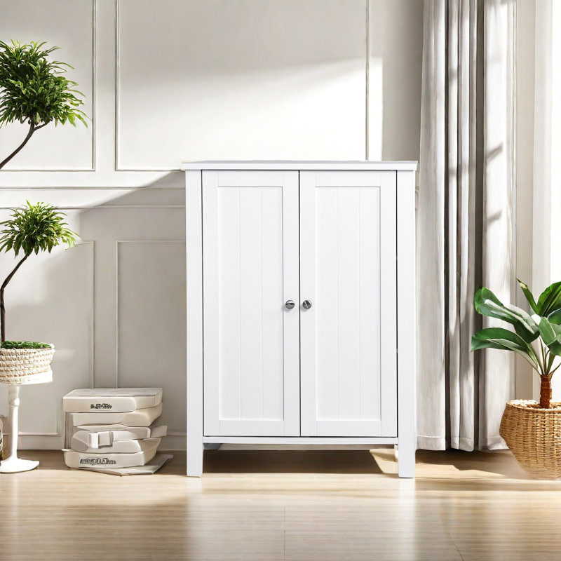 Bathroom Floor Storage Cabinet, 3 Layer Storage Unit With 2 Adjustable Shelf And Double Door